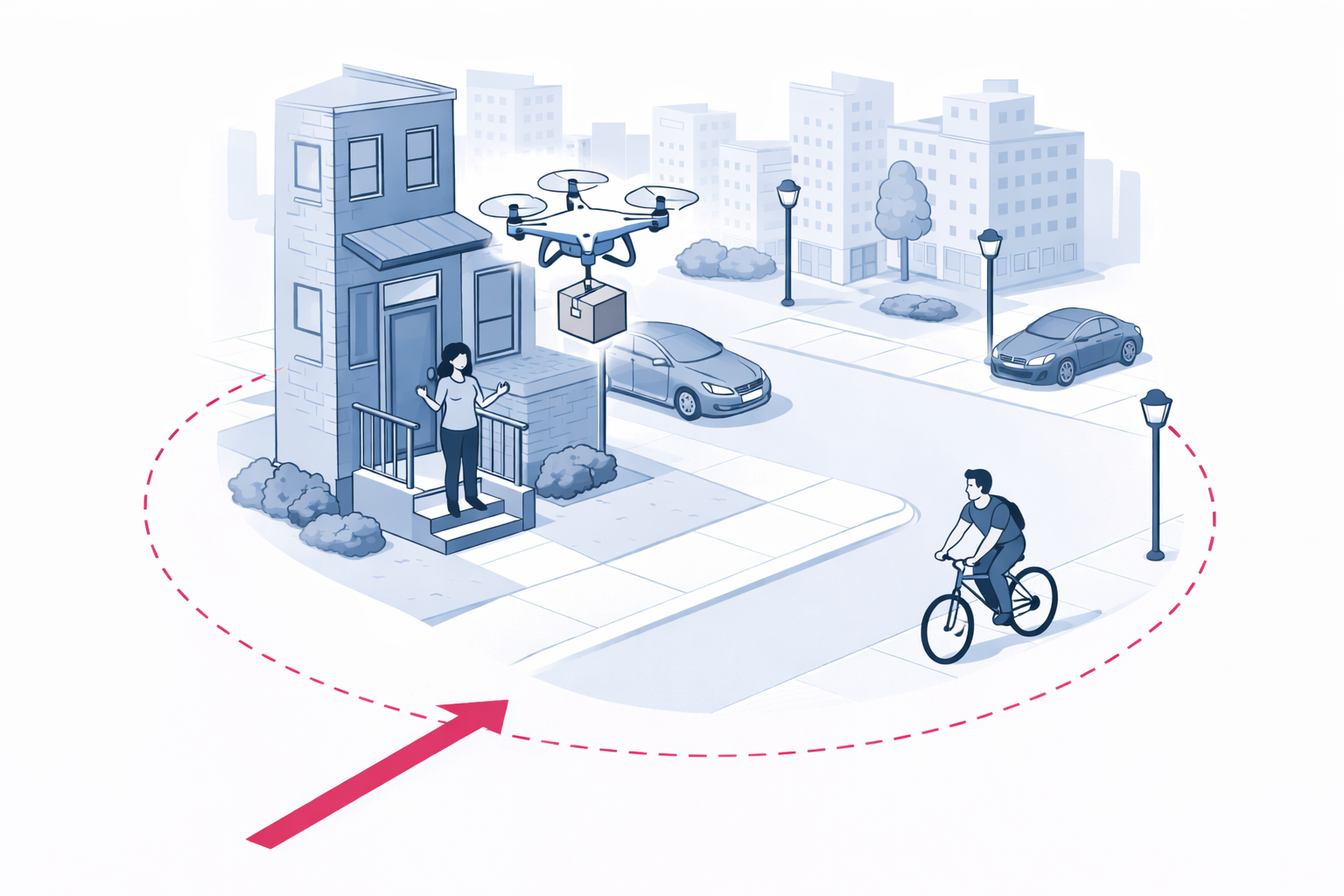 A woman stands at the doorstep of her home while an aerial drone arrives with a package delivery