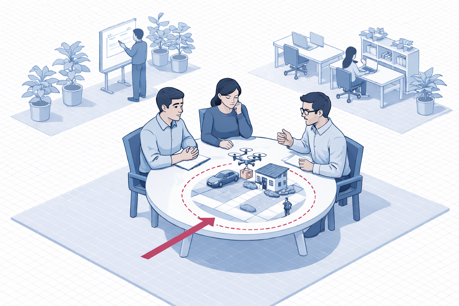 Three people studying a model scene arranged on a circular table in a modern office environment